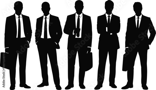 Five Businessmen Silhouettes In Suits Standing On White Background group