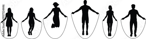 Silhouettes of Men Women and Children Jumping Rope on White Background skipping rope jump rope