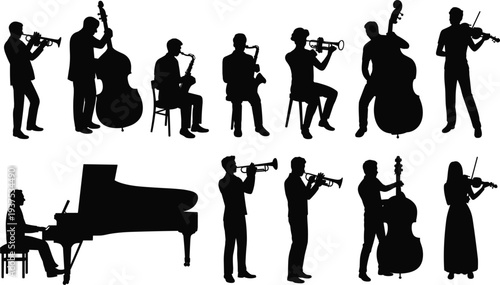 Silhouettes of musicians playing instruments and a pianist on white background orchestra band