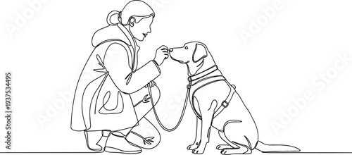 Continuous one line drawing of a woman kneeling and feeding her pet dog on a leash outside