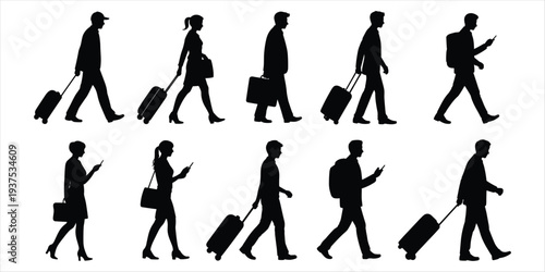 Silhouettes of people walking with luggage and using smartphones on white background suitcase