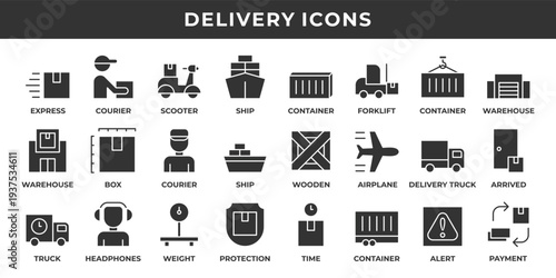 Delivery icon set. Contains solid icons related to express, courier, container, truck, location, and more.