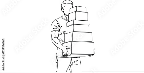Continuous one line drawing of a delivery man carrying a tall stack of cardboard boxes and packages