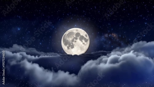 Full moon shining brightly above the clouds in a starry night sky.