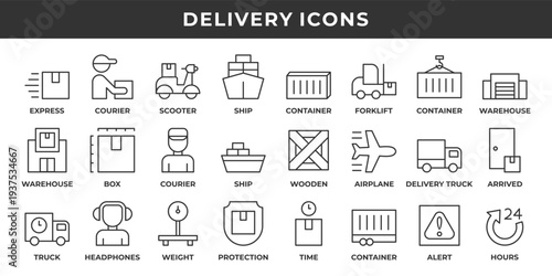 Delivery icon set. Contains line icons related to express, courier, container, truck, location, and more.