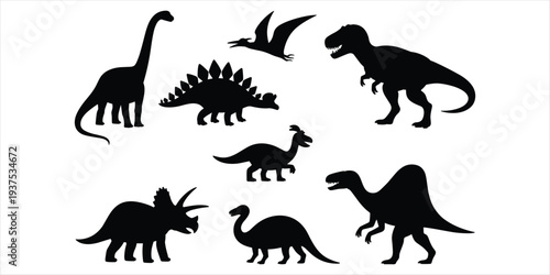 Foto Silhouettes of various dinosaurs and a pterodactyl on a white background prehist