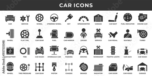 Car icon set. Contains solid icons related to service, wheel, garage, key, speedometer, and more.