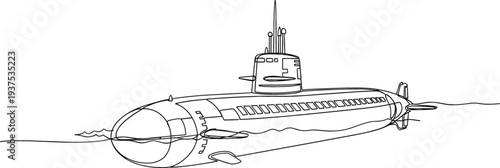 Continuous one line drawing of a military submarine sailing on the ocean surface for naval marine themes