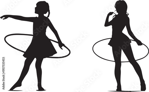 Silhouette of a young girl spinning a hula hoop around her waist, playful pose. Set of 2 girls hula hoop silhouette vector icons