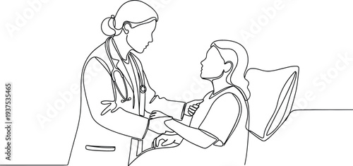 Continuous one line drawing of female doctor with stethoscope examining patient in hospital bed for medical consultation