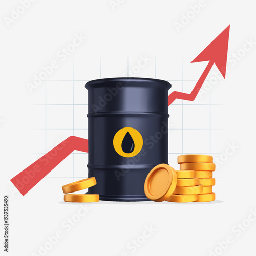 Growth of oil price illustration with 3D realistic oil barrel and coins. Oil and gas industry, Economy crisis concept. Vector design