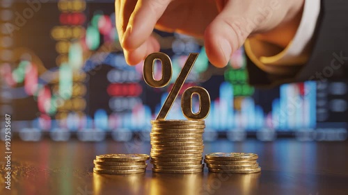 Financial percent symbol placed on stack of gold coins with stock market graph background.