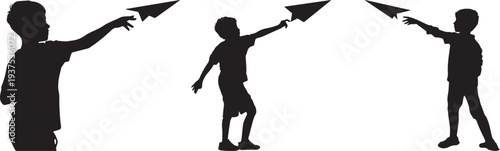 Silhouette of a boy throwing a paper airplane, arm extended. Set of 3 black silhouette children throwing paper airplanes vector