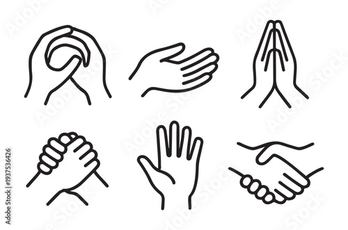 six different hand gestures in black line art on a white background