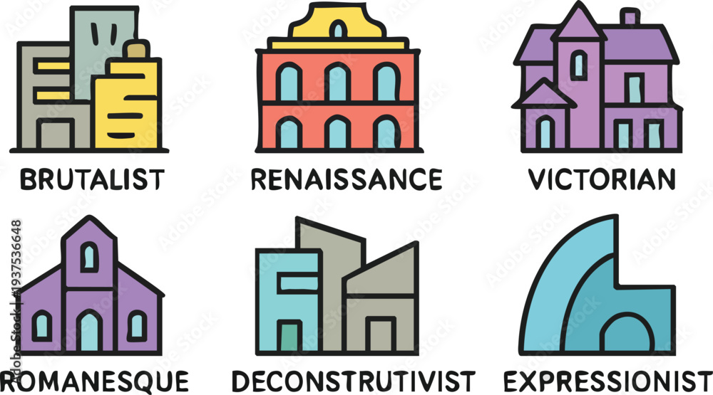 Obraz premium Architectural Styles Illustrated Cartoon Set.
