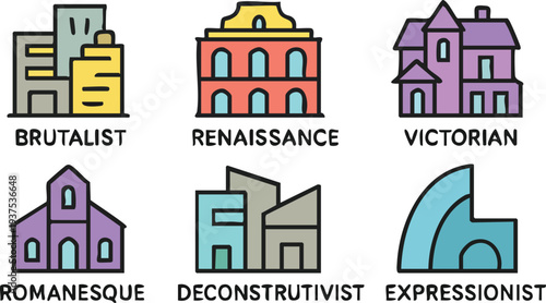 Architectural Styles Illustrated Cartoon Set.