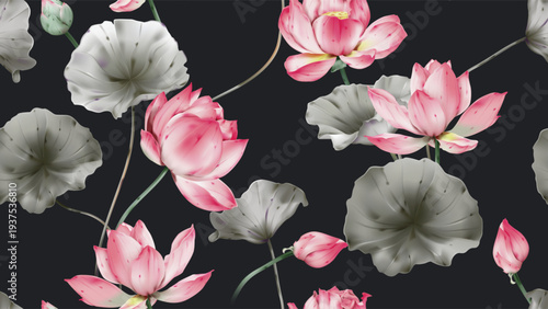 Floral seamless pattern featuring watercolor-style pink lotus flowers and muted gray leaves on a dramatic black background