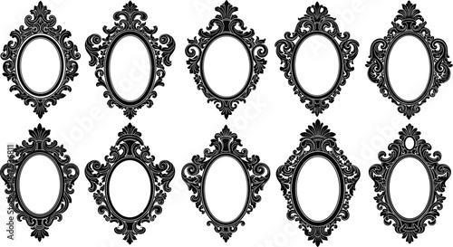 Black silhouette vector set of vintage oval picture frames with intricate baroque ornaments and floral swirls for classic antique portrait or mirror decoration.