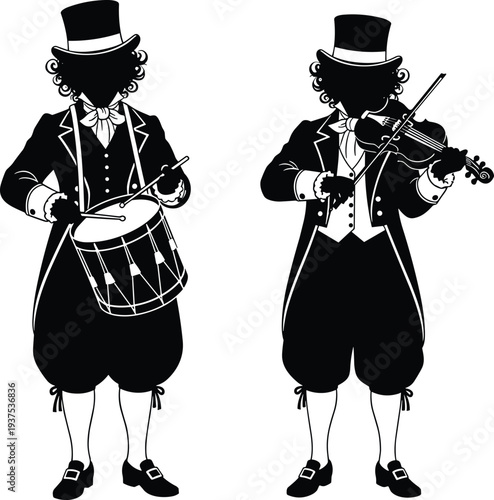 Black silhouettes of vintage circus performers featuring a drummer playing a marching drum and a violinist playing the fiddle, traditional musician characters vector illustration set.