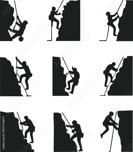 Rock climbing silhouettes, mountaineer rappelling on cliff, extreme outdoor adventure sports, bouldering athlete, mountaineering activity, hiking expedition black vector icons