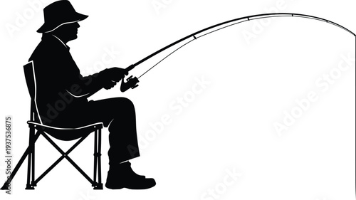 A man in a hat is calmly fishing with a fishing rod, sitting in a folding chair. Vector illustration for hobbies, recreation, and outdoor sports content.