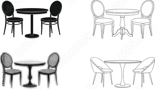 Collection of cafe dining table and chairs vector illustrations featuring round tables and various chair styles including silhouette, line art, and halftone graphic design elements.