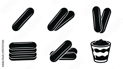 Minimalist black silhouette vector icons of ladyfinger biscuits, featuring single savoiardi cookies, stacks, and a delicious glass of layered tiramisu dessert.