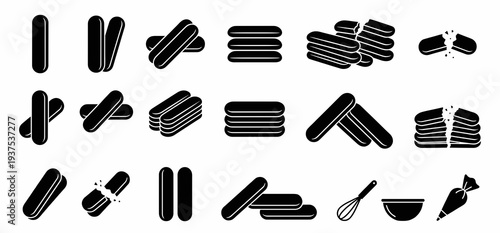 Set of ladyfinger biscuits silhouette vector icons, featuring broken sponge cookies, stacked savoiardi, baking bowl, wire whisk, and pastry bag for tiramisu making.