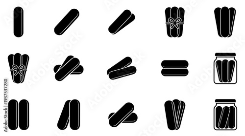 Black and white silhouette vector collection of ladyfinger biscuits, savoiardi sponge cookies in different arrangements, tied with ribbon, and stored in a glass jar.