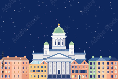 Helsinki cathedral and surrounding buildings under a starry night sky