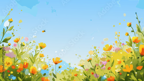 A vibrant watercolor meadow with wildflowers and a buzzing honeybee