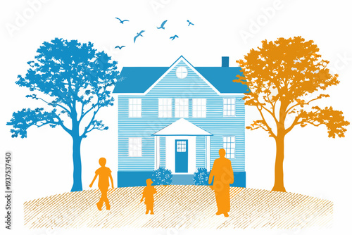 A blue and orange house with family silhouettes and flying birds