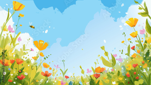 A vibrant watercolor illustration of wildflowers and a busy bee