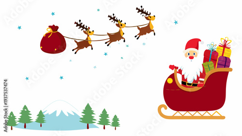 Santa claus flies with reindeer gifts and a festive winter landscape