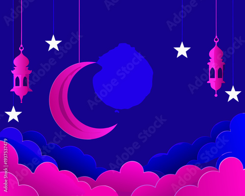 Ramadan kareem illustration with crescent moon stars and hanging lanterns