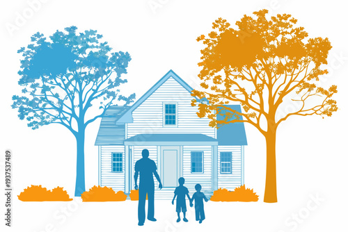 A blue and orange illustration depicting a house family and trees