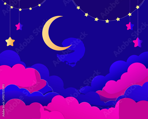 A dreamy nightscape with a crescent moon and twinkling stars