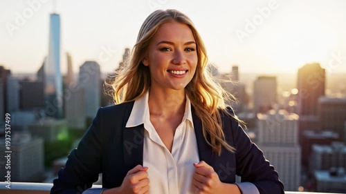 Happy young businesswoman smiling on city rooftop at golden hour