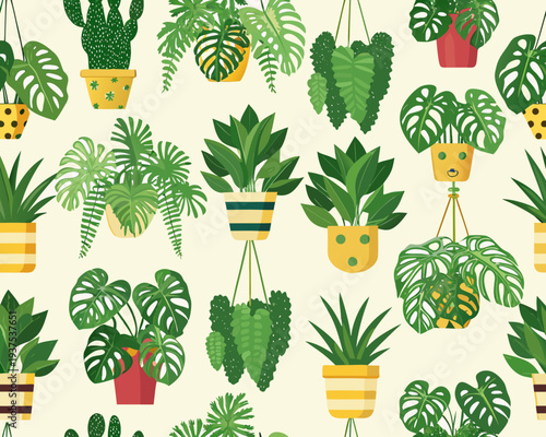 Seamless pattern of various potted houseplants and tropical foliage