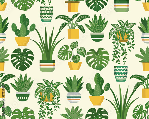 Seamless pattern featuring various potted tropical houseplants on a cream background