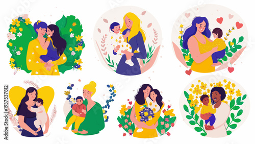 Diverse mothers lovingly embracing their babies in floral illustrations