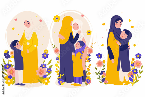 Three generations of muslim women embracing with floral decorations