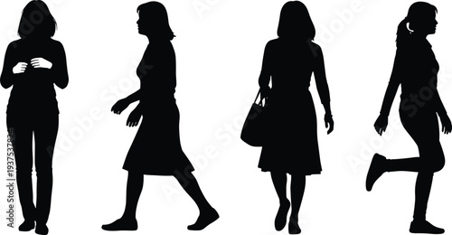 Group of black silhouettes of women in different poses including walking with handbags and standing, female lifestyle and fashion characters vector illustration set.