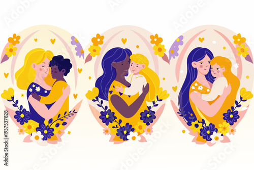 Diverse mothers and children sharing tender embraces within floral arches