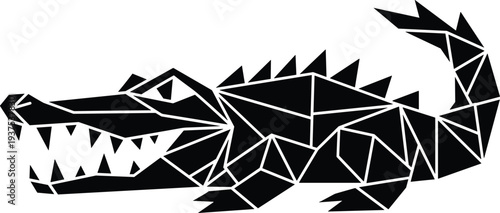 Geometric black crocodile silhouette vector illustration with low poly triangular patterns featuring a fierce alligator with sharp teeth isolated on a white background.