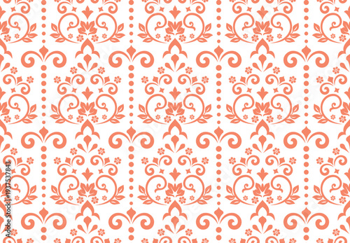 Wallpaper in the style of Baroque. White and pink floral ornament. Seamless vector background. Graphic pattern for fabric, wallpaper, packaging. Ornate Damask flower illustration