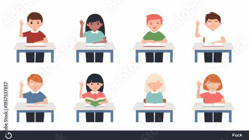 Diverse group of students raising hands in a classroom setting