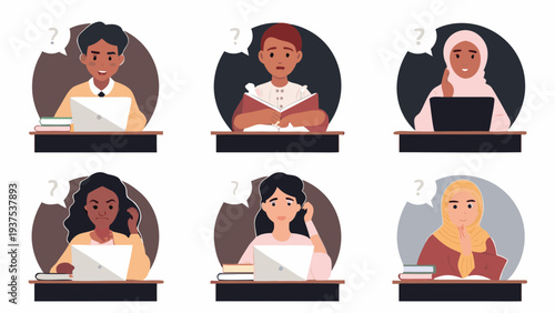 Diverse students with laptops and books appear puzzled in classroom setting