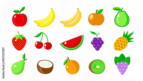 Colorful assortment of various fruits presented in a flat cartoon style