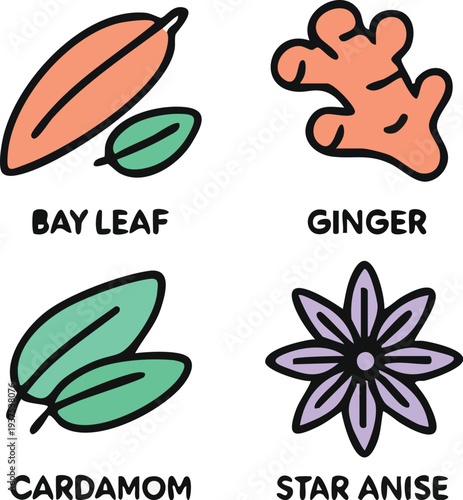 Bay Leaf Ginger Cardamom Star Anise Spices Icons.